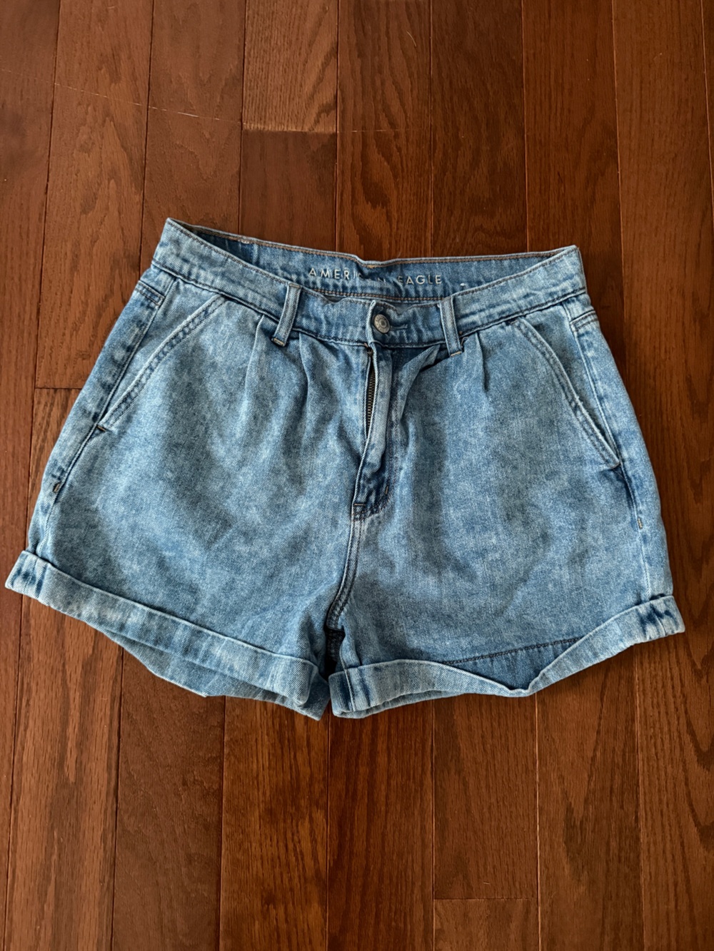 American Eagle Outfitters Washed Light Blue Denim High-Rise Rolled Shorts